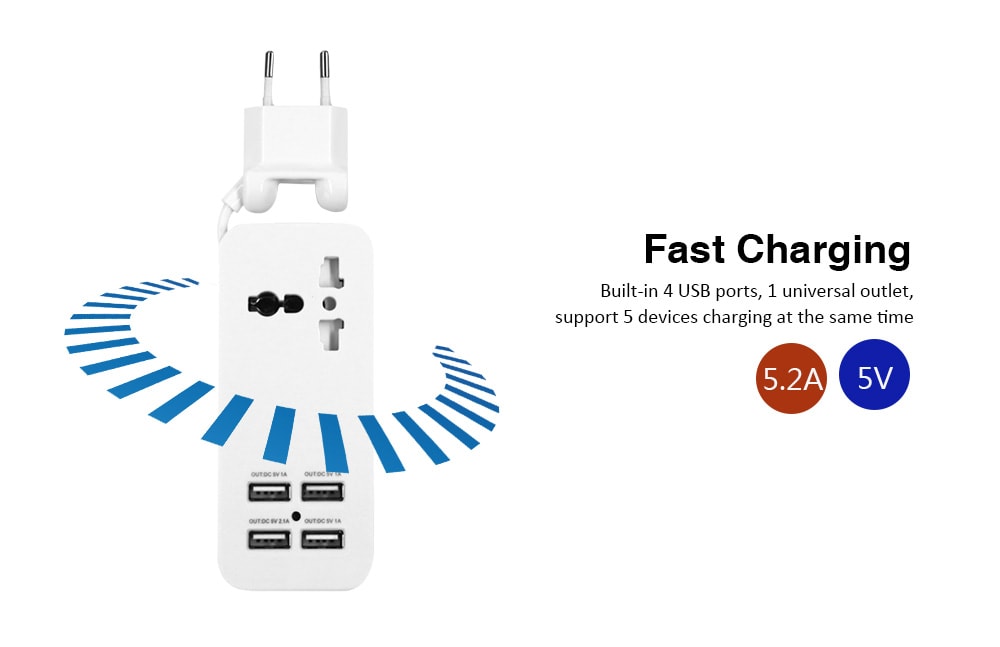 Portable Charging Station EU Plug with Universal Outlet and 4 USB Ports- White Portable Charging Station EU Plug with Universal Outlet and 4 USB Ports- White