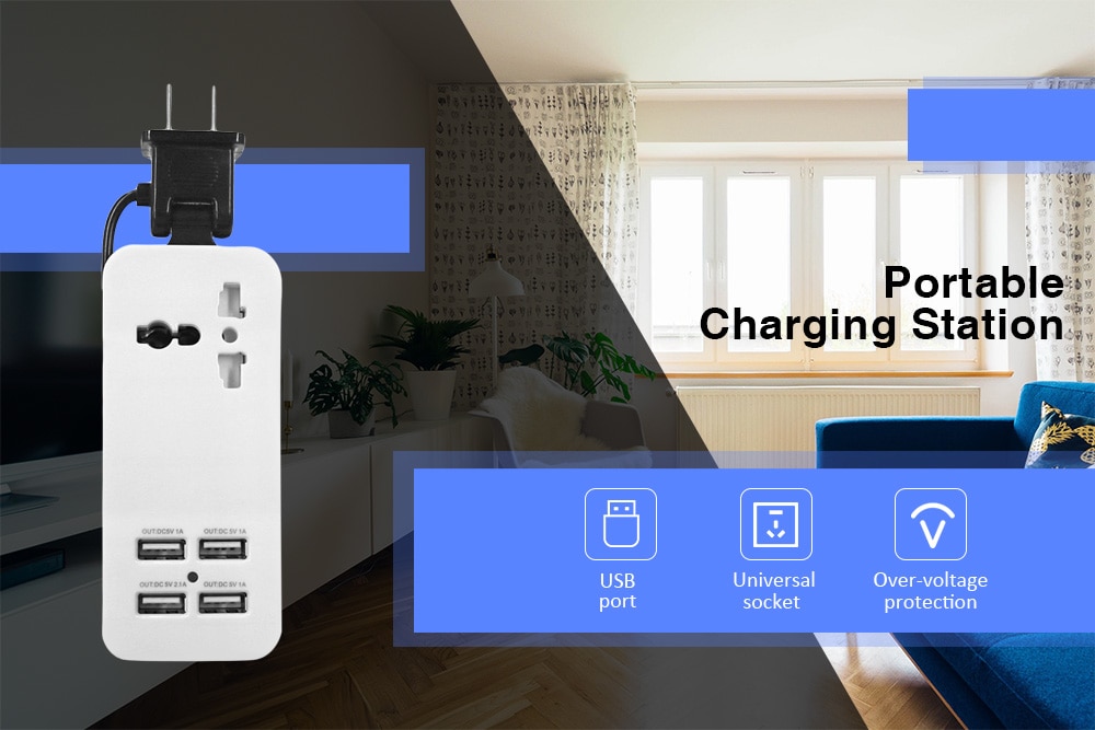 Portable Charging Station US Plug with Universal Outlet and 4 USB Ports- Multi Portable Charging Station US Plug with Universal Outlet and 4 USB Ports- Multi