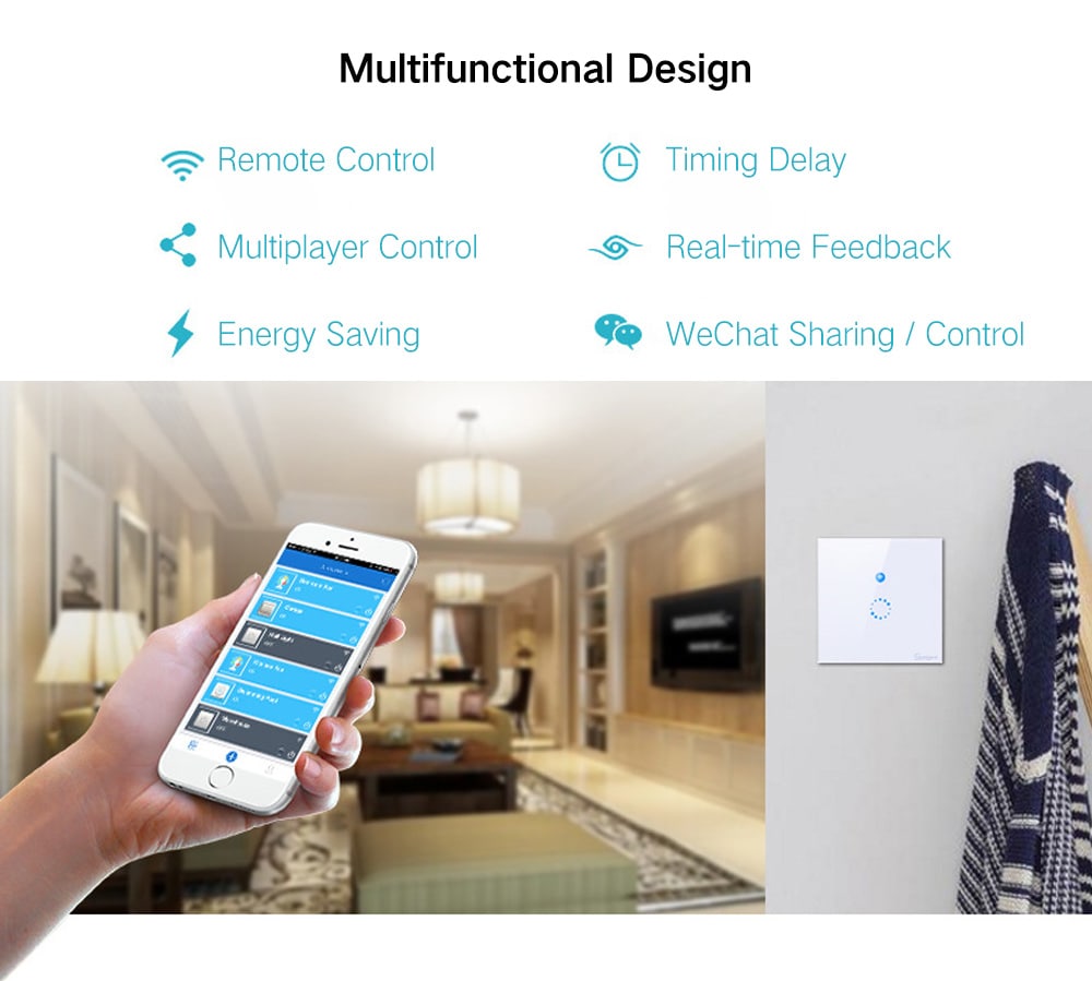 SONOFF T1 EU 1 Gang Wifi Wall Switch Wireless Remote Light Touch Control Work with Alexa- White SONOFF T1 EU 1 Gang Wifi Wall Switch Wireless Remote Light Touch Control Work with Alexa- White