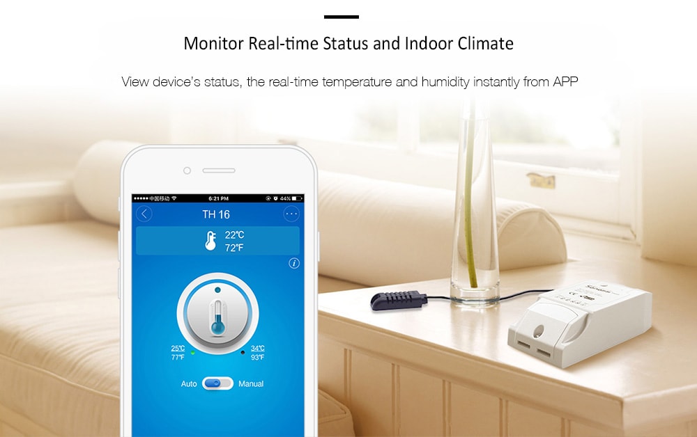 SONOFF TH16 Temperature Humidity Monitoring WiFi Smart Switch for Smart Home- White SONOFF TH16 Temperature Humidity Monitoring WiFi Smart Switch for Smart Home- White