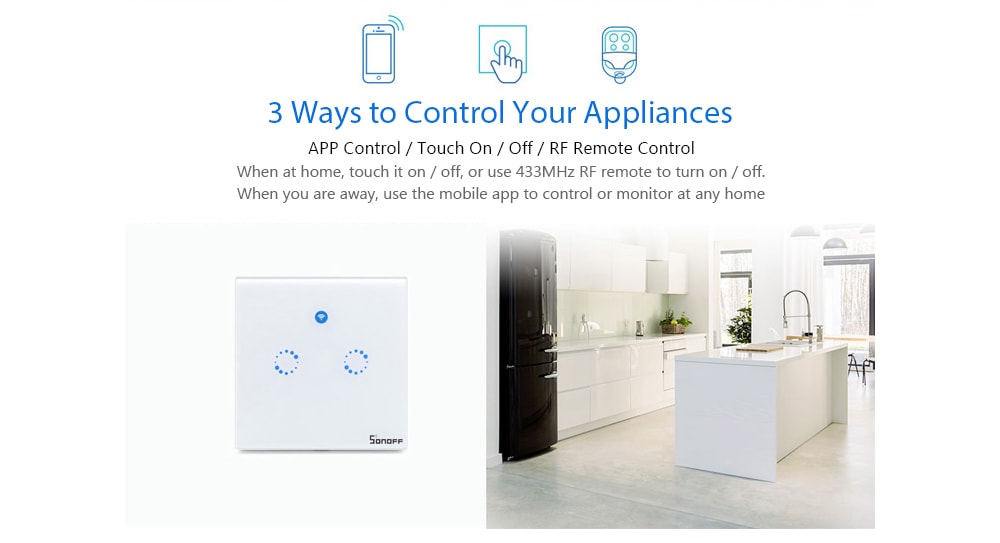 SONOFF T1 EU Standard 2 Gang Smart Wireless WiFi + RF + APP Wall Touch Light Switch- Milk White SONOFF T1 EU Standard 2 Gang Smart Wireless WiFi + RF + APP Wall Touch Light Switch- Milk White