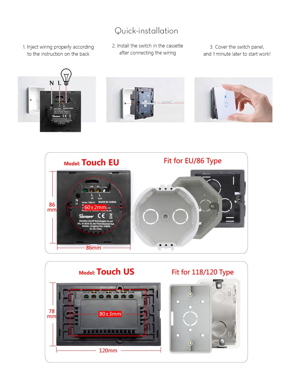 SONOFF Touch WiFi Panel Wireless Remote Control Wall Timing Switch Via APP Smart Home- White EU Version SONOFF Touch WiFi Panel Wireless Remote Control Wall Timing Switch Via APP Smart Home- White EU Version