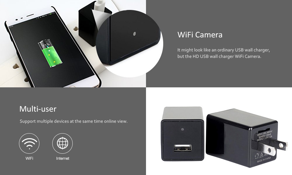 Wireless Micro Monitor WiFi HD Mobile Phone Charger- Black US Plug (2-pin) Wireless Micro Monitor WiFi HD Mobile Phone Charger- Black US Plug (2-pin)