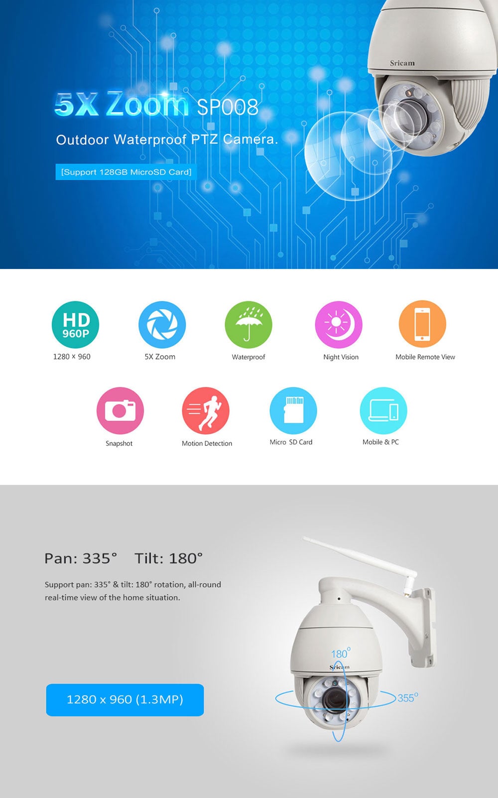 SRICAM SP008 960P H.264 WiFi IP Camera P2P Outdoor Security Cam- Light Gray EU Plug SRICAM SP008 960P H.264 WiFi IP Camera P2P Outdoor Security Cam- Light Gray EU Plug