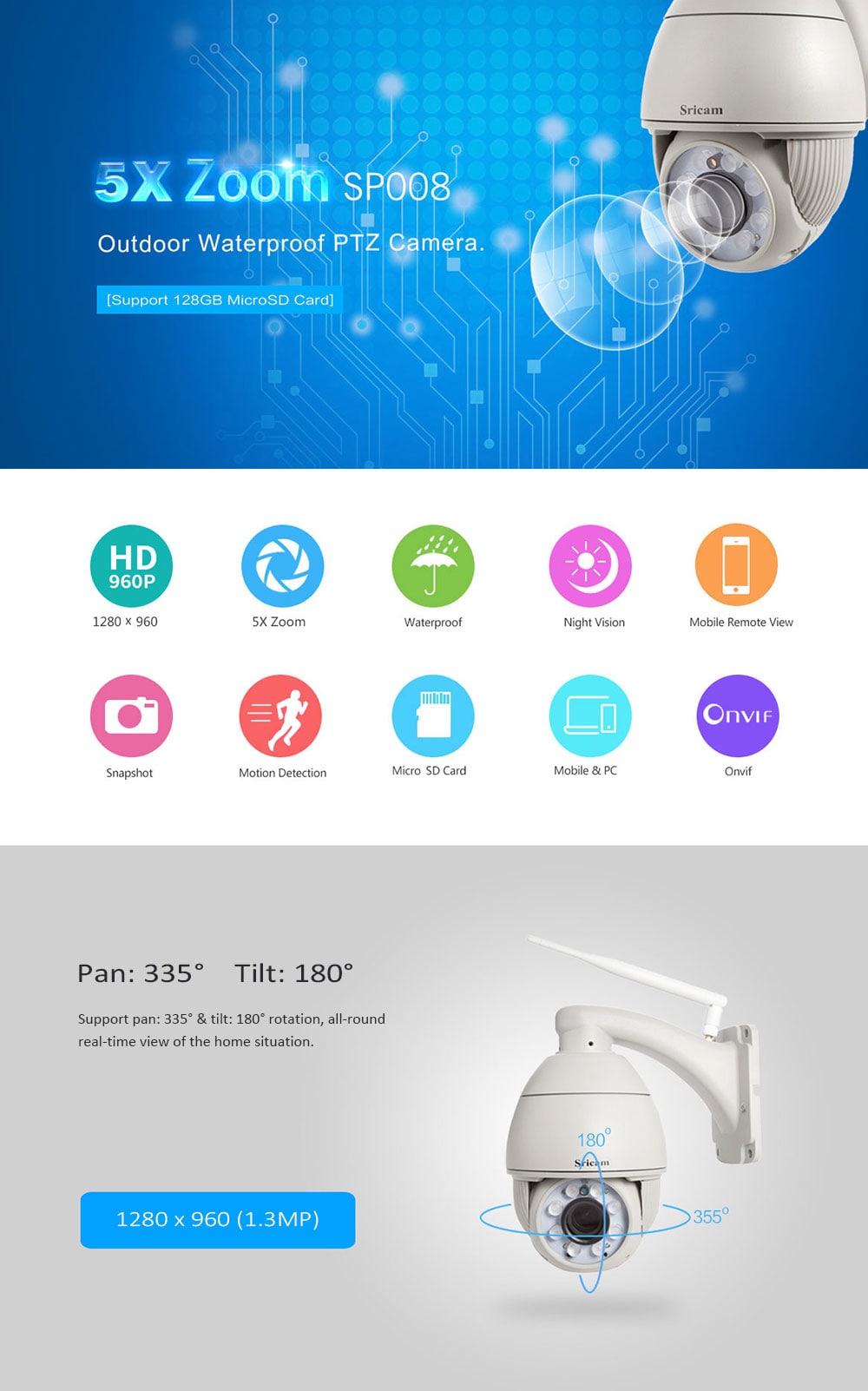 SRICAM SP008 960P H.264 WiFi IP Camera P2P Outdoor Security Cam- Light Gray EU Plug SRICAM SP008 960P H.264 WiFi IP Camera P2P Outdoor Security Cam- Light Gray EU Plug