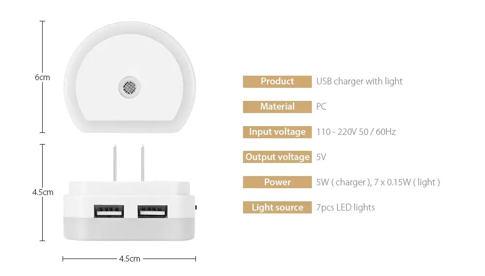 Utorch B07 Dual USB Ports Adapter Charger with Sensitive Light-sensor Night Light- White US Plug (2-pin) Utorch B07 Dual USB Ports Adapter Charger with Sensitive Light-sensor Night Light- White US Plug (2-pin)