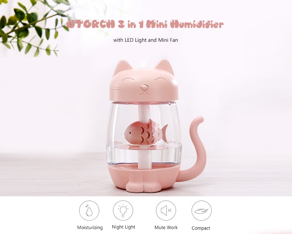UTORCH 3 in 1 350ML Cute Mini Humidifier with LED Light Mini Fan- White UTORCH 3 in 1 350ML Cute Mini Humidifier with LED Light Mini Fan- White