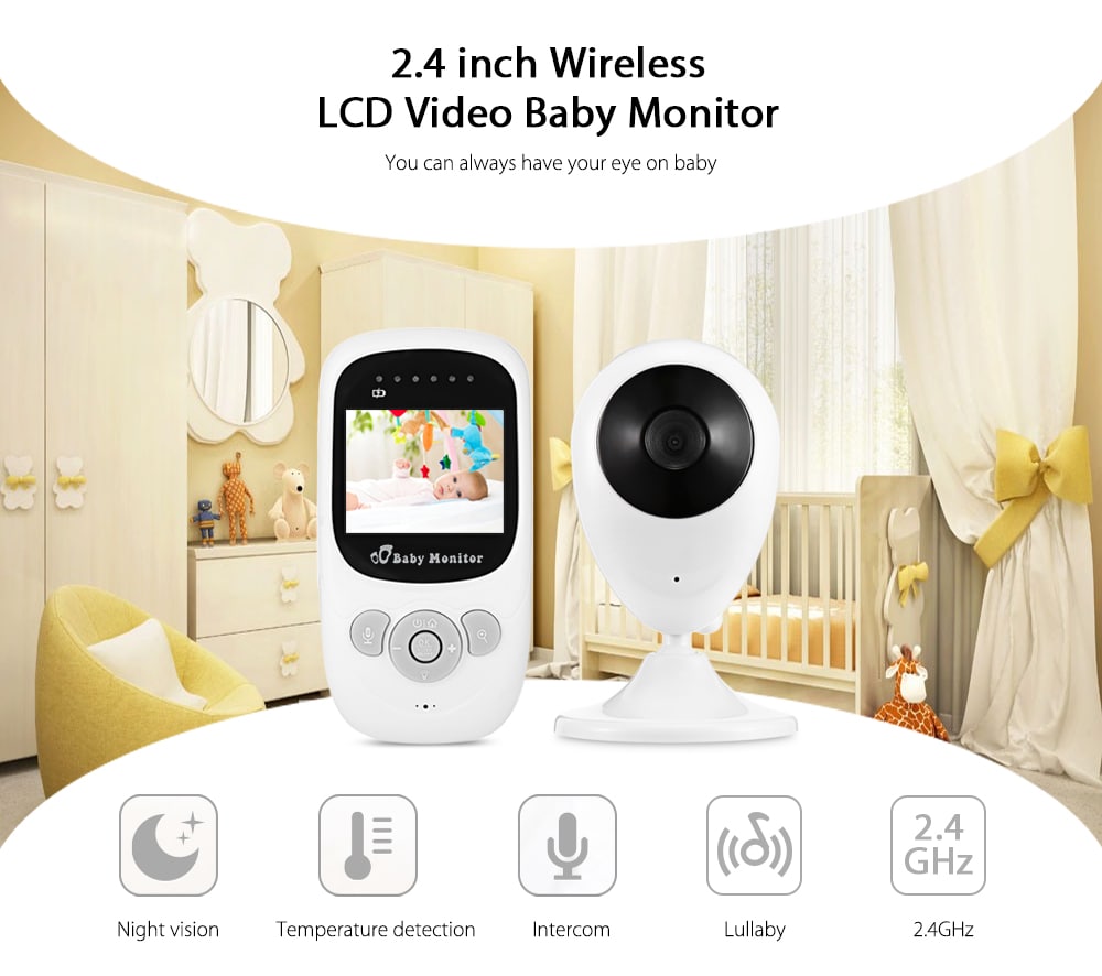 SP880 2.4G Wireless Baby Video Monitor with Night Vision Two-way Talk 2.4 inch LCD Display Temperature Monitoring- White EU Plug SP880 2.4G Wireless Baby Video Monitor with Night Vision Two-way Talk 2.4 inch LCD Display Temperature Monitoring- White EU Plug