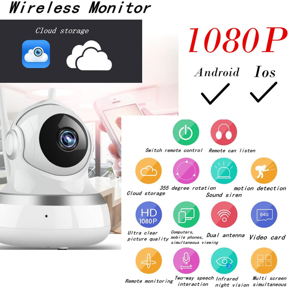 WiFi Remote Control Multifunction Infrared Night Vision Monitor IP Camera 1080P US Plug- Silver and White 1Pc WiFi Remote Control Multifunction Infrared Night Vision Monitor IP Camera 1080P US Plug- Silver and White 1Pc