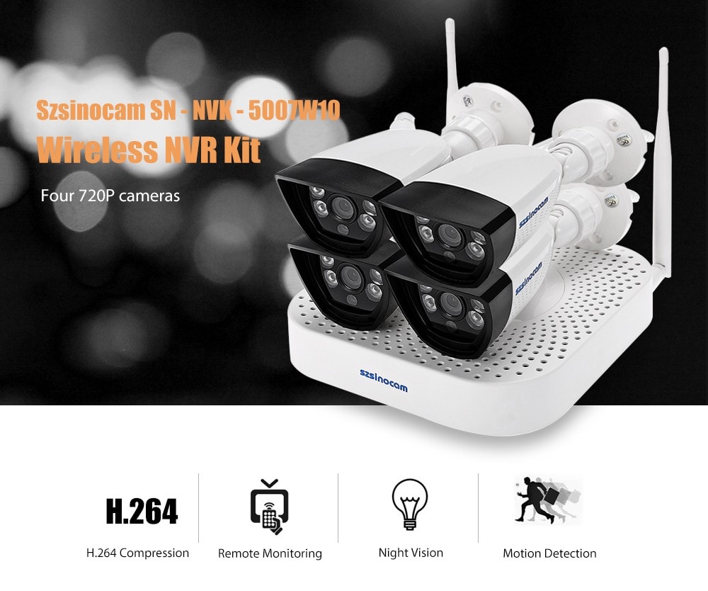 Szsinocam SN - NVK - 5007W10 Wireless NVR Kit with Four 720P Cameras Night Vision- White EU Plug Szsinocam SN - NVK - 5007W10 Wireless NVR Kit with Four 720P Cameras Night Vision- White EU Plug