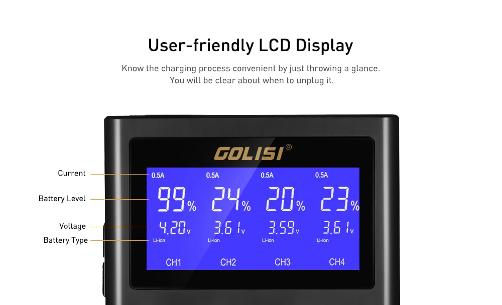 Utorch GOLISI Smart Battery Charger for NiCd NiMH Lithium-ion Battery- Black 2-bay Utorch GOLISI Smart Battery Charger for NiCd NiMH Lithium-ion Battery- Black 2-bay