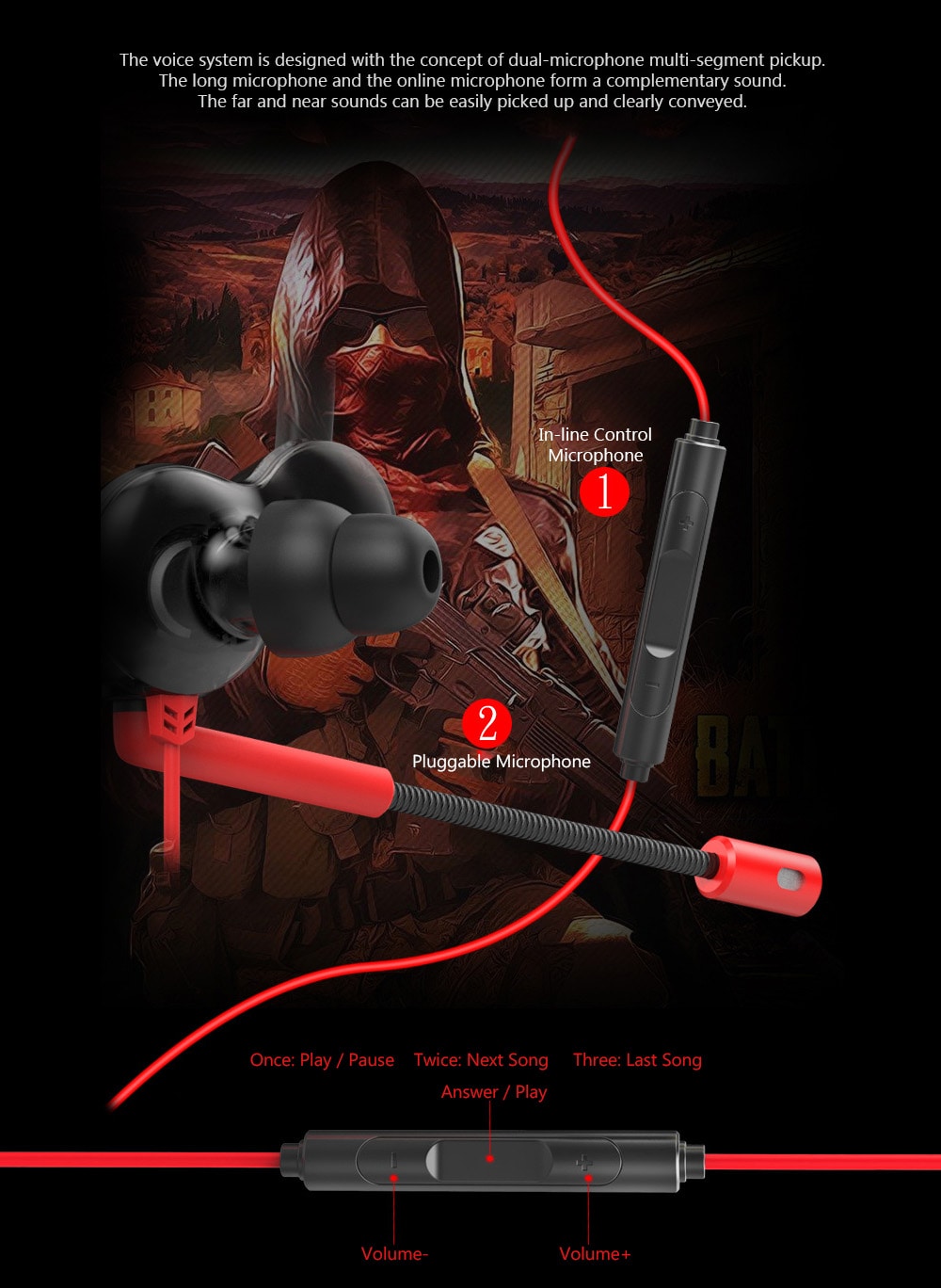 V6 In-ear Gaming Earphone Double Speaker Drive 3.5mm Earbuds with Microphone and Wire Control - Red V6 In-ear Gaming Earphone Double Speaker Drive 3.5mm Earbuds with Microphone and Wire Control - Red