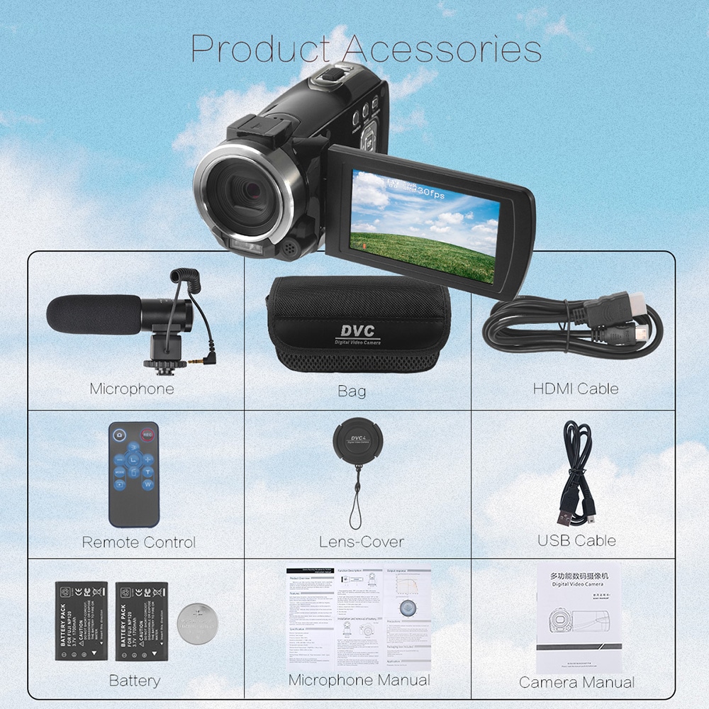 Remote Control Digital Camera Wifi Camcorder Full HD with Microphone 2 Batteries- Black Remote Control Digital Camera Wifi Camcorder Full HD with Microphone 2 Batteries- Black