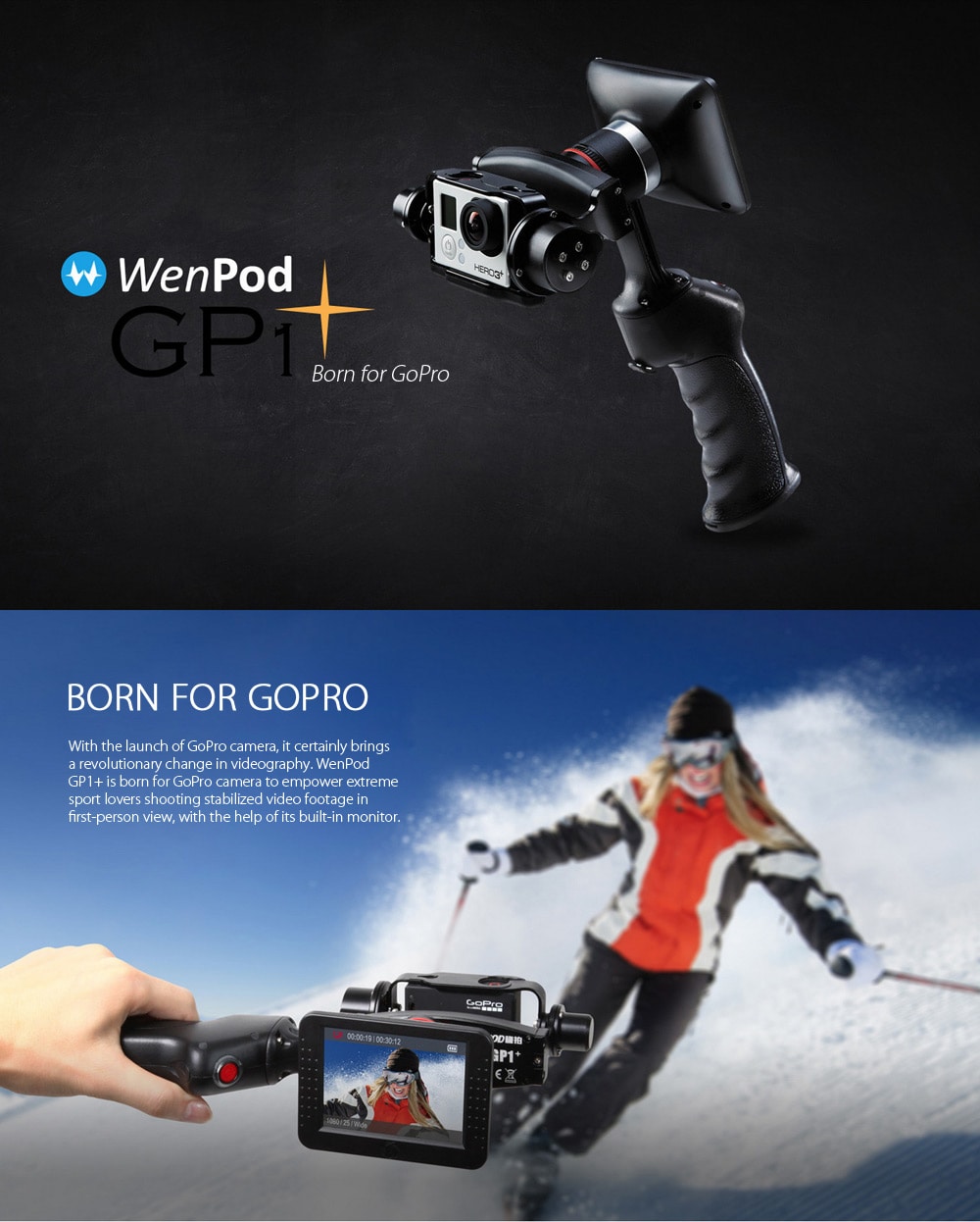 Wenpod GP1+ Smart Dual Axis Handheld Stabilizer for GoPro 3 / 3+ / 4 360 Degree Rotation- Black Wenpod GP1+ Smart Dual Axis Handheld Stabilizer for GoPro 3 / 3+ / 4 360 Degree Rotation- Black