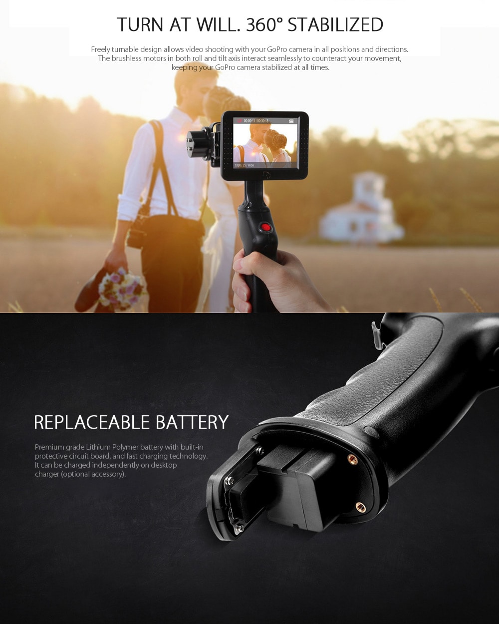 Wenpod GP1+ Smart Dual Axis Handheld Stabilizer for GoPro 3 / 3+ / 4 360 Degree Rotation- Black Wenpod GP1+ Smart Dual Axis Handheld Stabilizer for GoPro 3 / 3+ / 4 360 Degree Rotation- Black