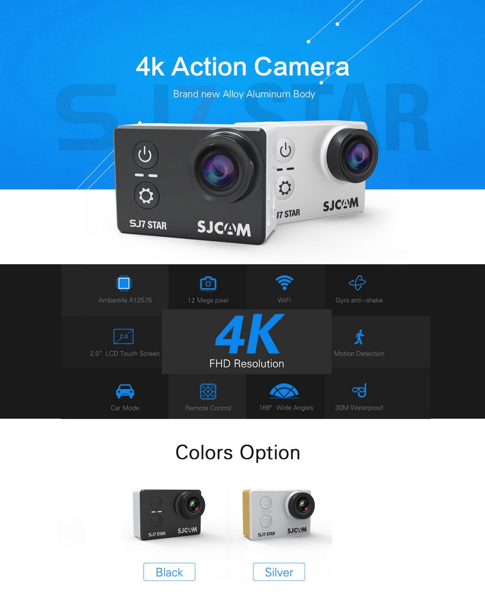 Original SJCAM SJ7 STAR 4K WiFi Action Camera 2.0 inch Touch Screen 166 Degree FOV 12MP- Silver Original SJCAM SJ7 STAR 4K WiFi Action Camera 2.0 inch Touch Screen 166 Degree FOV 12MP- Silver