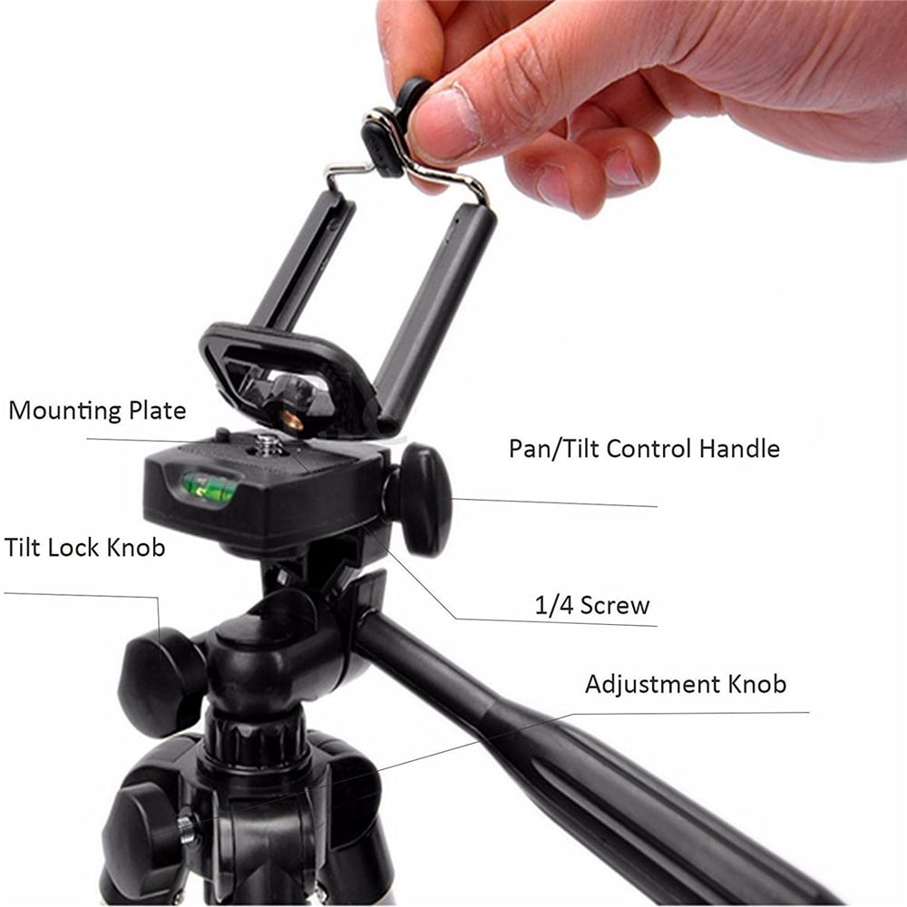 Three-way Head Lightweight Universal Tripod Camera + Cell Phone Clip Holder Camera Bracket- Black Three-way Head Lightweight Universal Tripod Camera + Cell Phone Clip Holder Camera Bracket- Black