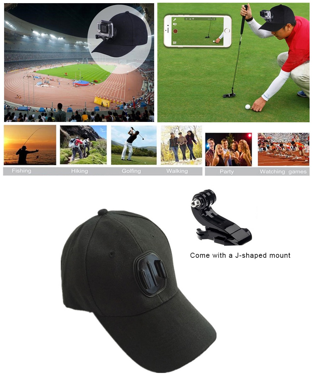 Peak Cap Stand Holder Mount for Universal Action Camera with J-shaped Mount- Black Peak Cap Stand Holder Mount for Universal Action Camera with J-shaped Mount- Black