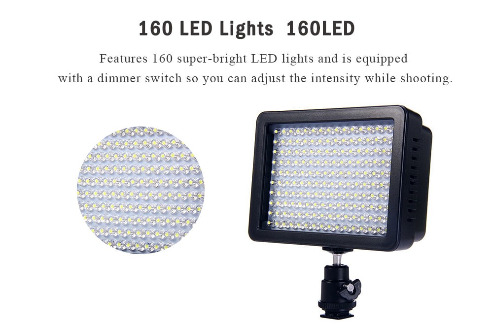 W160 LED Video Light Lamp 10.5W 1150LM 5600K / 3200K Dimmable for Canon Nikon Pentax DSLR Camera- Black W160 LED Video Light Lamp 10.5W 1150LM 5600K / 3200K Dimmable for Canon Nikon Pentax DSLR Camera- Black