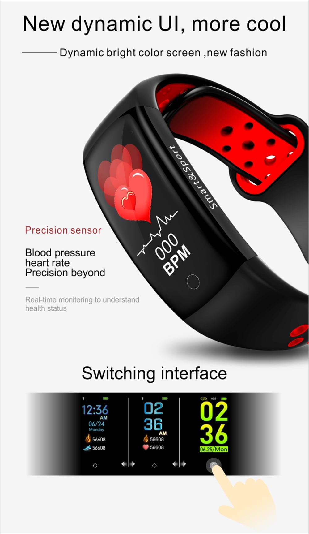 Q6S Color Screen Smart Bracelet Step Heart Rate Blood Pressure 3D Dynamic Ui- Red Q6S Color Screen Smart Bracelet Step Heart Rate Blood Pressure 3D Dynamic Ui- Red
