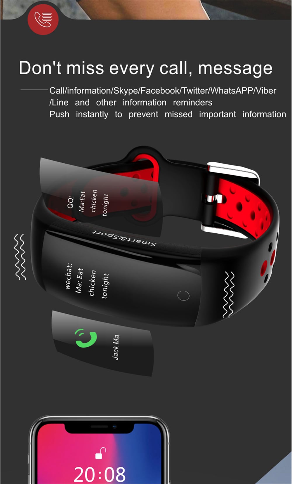 Q6S Color Screen Smart Bracelet Step Heart Rate Blood Pressure 3D Dynamic Ui- Red Q6S Color Screen Smart Bracelet Step Heart Rate Blood Pressure 3D Dynamic Ui- Red