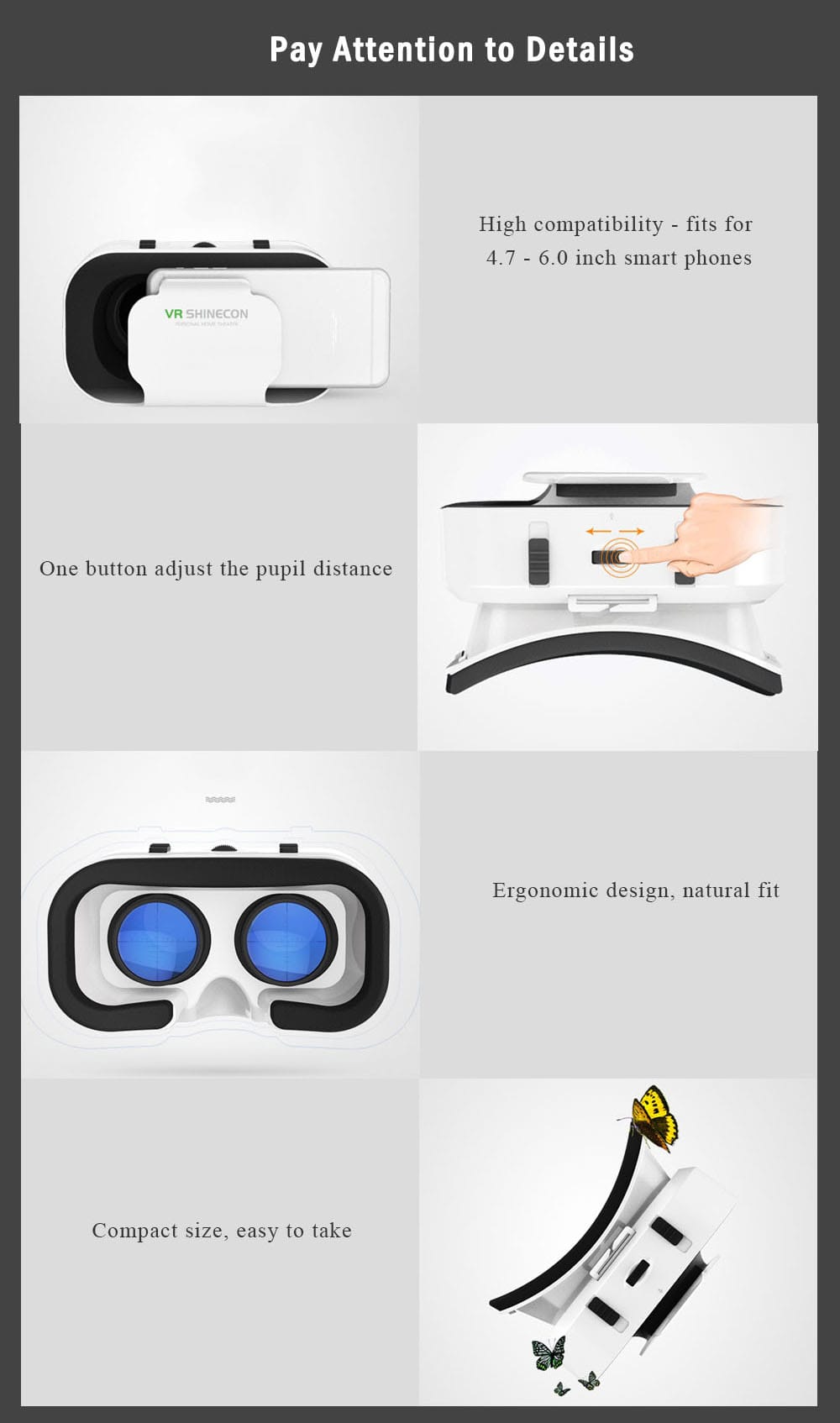 VRSHINECON 3D VR Headband Virtual Reality Goggles Glasses for Smartphone- White VRSHINECON 3D VR Headband Virtual Reality Goggles Glasses for Smartphone- White