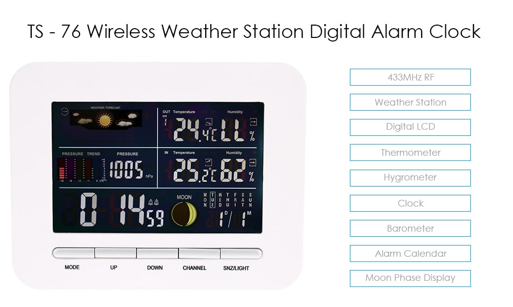 TS - 76 Multi-functional 433MHz Wireless Weather Station Digital LCD Thermometer Hygrometer Clock Alarm Barometer Calendar Moon Phase Display- White TS - 76 Multi-functional 433MHz Wireless Weather Station Digital LCD Thermometer Hygrometer Clock Alarm Barometer Calendar Moon Phase Display- White