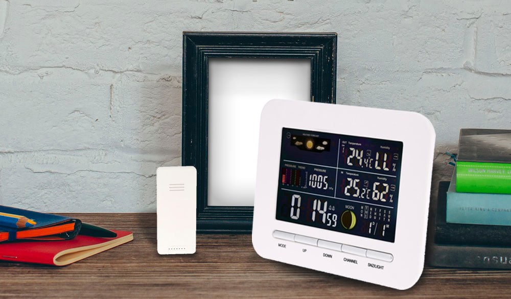 TS - 76 Multi-functional 433MHz Wireless Weather Station Digital LCD Thermometer Hygrometer Clock Alarm Barometer Calendar Moon Phase Display- White TS - 76 Multi-functional 433MHz Wireless Weather Station Digital LCD Thermometer Hygrometer Clock Alarm Barometer Calendar Moon Phase Display- White