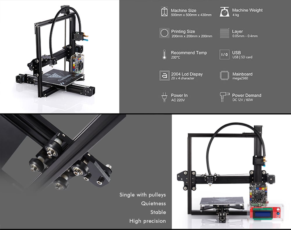 Tevo Tarantula 3D Printer Kit 200 x 200 x 200mm- Black US Plug Tevo Tarantula 3D Printer Kit 200 x 200 x 200mm- Black US Plug