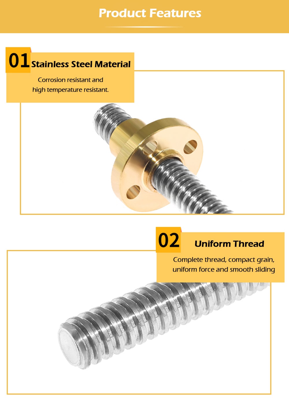 T8 - 2 - D8 300mm Lead Screw 3D Printer Accessories- Golden T8 - 2 - D8 300mm Lead Screw 3D Printer Accessories- Golden