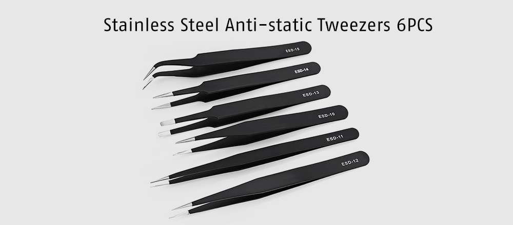 Stainless Steel Anti-static Tweezers 6pcs - Black Stainless Steel Anti-static Tweezers 6pcs - Black