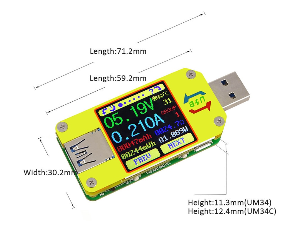 UM34 Color Screen Voltage Current Measuring Meter Voltammeter Tester with Android APP / USB3.0 + Type-C Port- Yellow UM34 Color Screen Voltage Current Measuring Meter Voltammeter Tester with Android APP / USB3.0 + Type-C Port- Yellow
