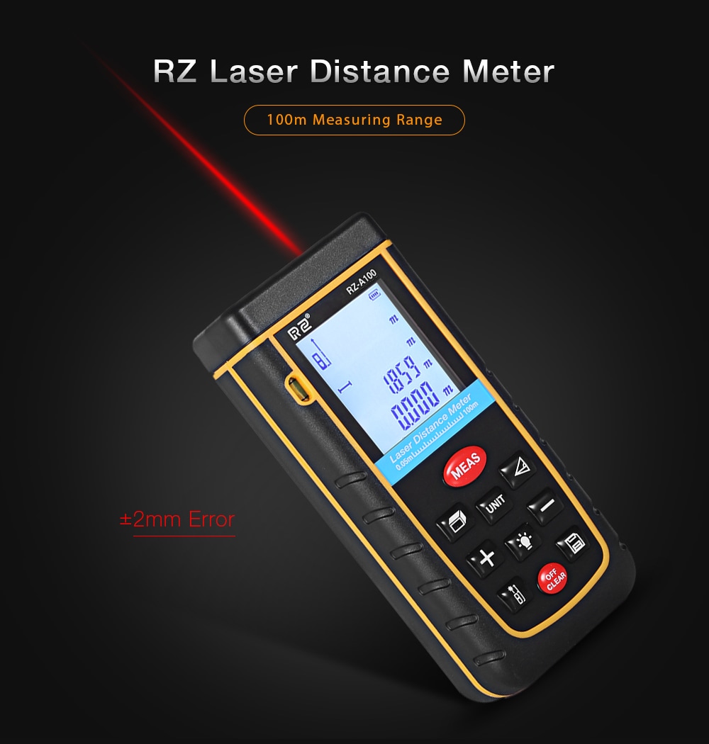 RZ A100 Portable Laser Distance Meter 0.05 to 100m with Bubble Level High Accuracy Measurement- Yellow and Black RZ A100 Portable Laser Distance Meter 0.05 to 100m with Bubble Level High Accuracy Measurement- Yellow and Black
