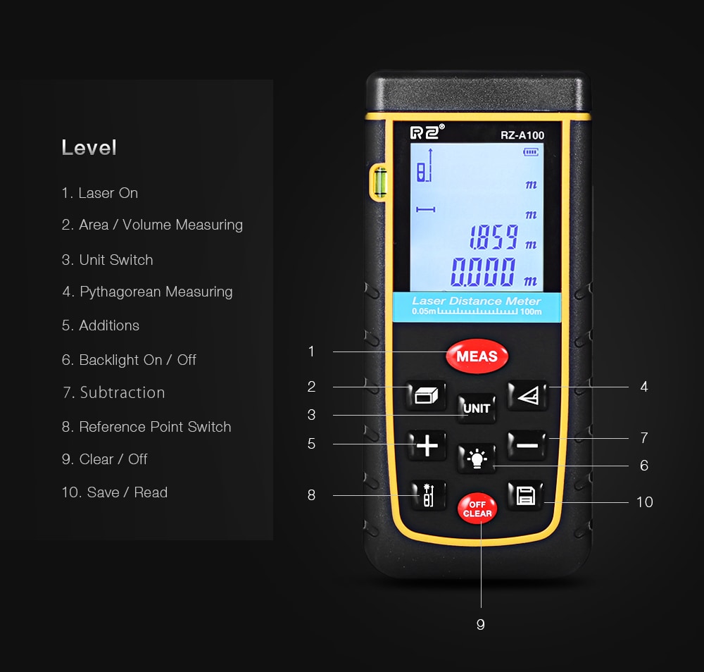 RZ A100 Portable Laser Distance Meter 0.05 to 100m with Bubble Level High Accuracy Measurement- Yellow and Black RZ A100 Portable Laser Distance Meter 0.05 to 100m with Bubble Level High Accuracy Measurement- Yellow and Black