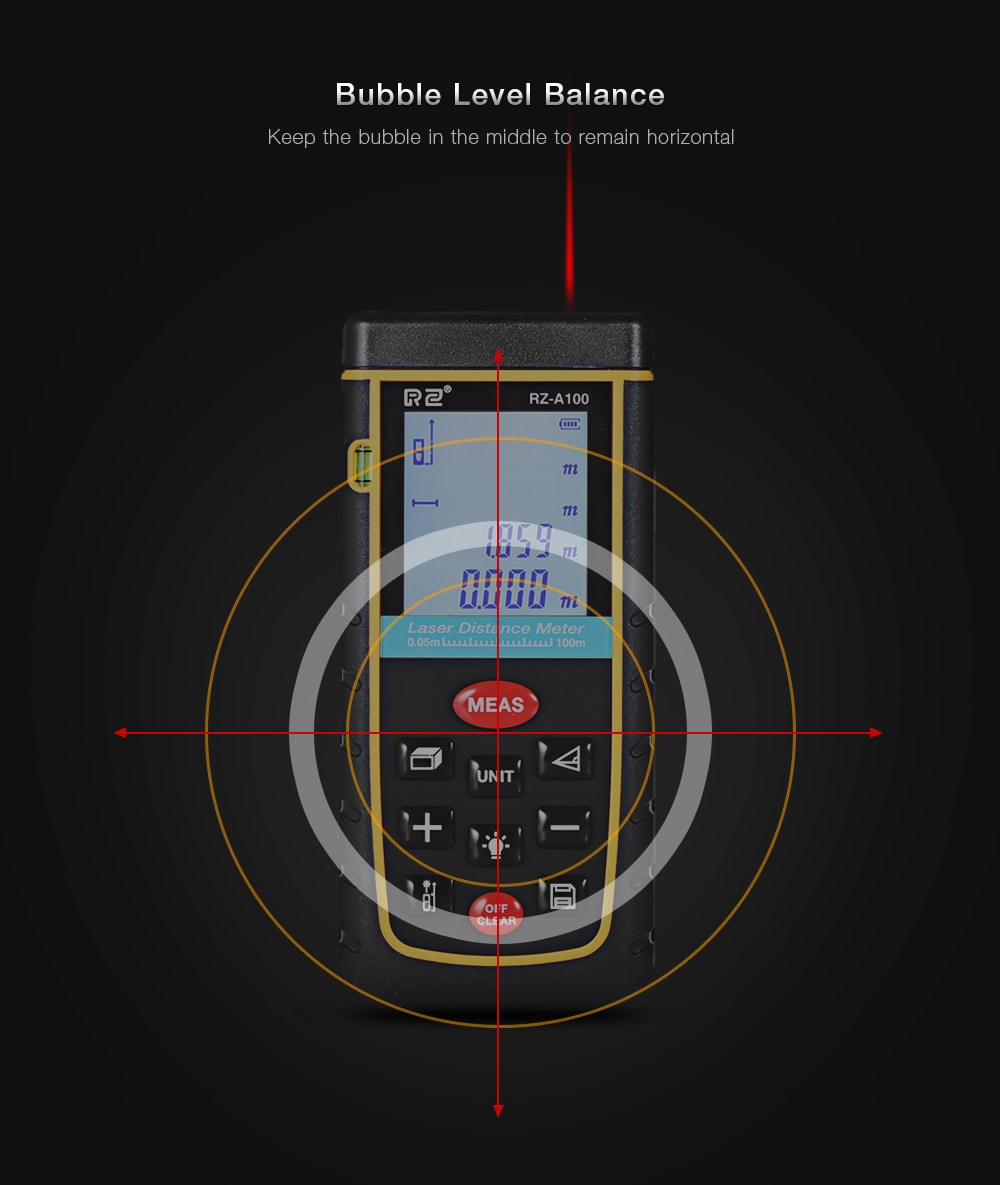 RZ A100 Portable Laser Distance Meter 0.05 to 100m with Bubble Level High Accuracy Measurement- Yellow and Black RZ A100 Portable Laser Distance Meter 0.05 to 100m with Bubble Level High Accuracy Measurement- Yellow and Black