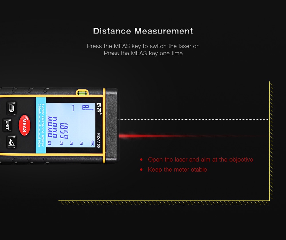 RZ A100 Portable Laser Distance Meter 0.05 to 100m with Bubble Level High Accuracy Measurement- Yellow and Black RZ A100 Portable Laser Distance Meter 0.05 to 100m with Bubble Level High Accuracy Measurement- Yellow and Black