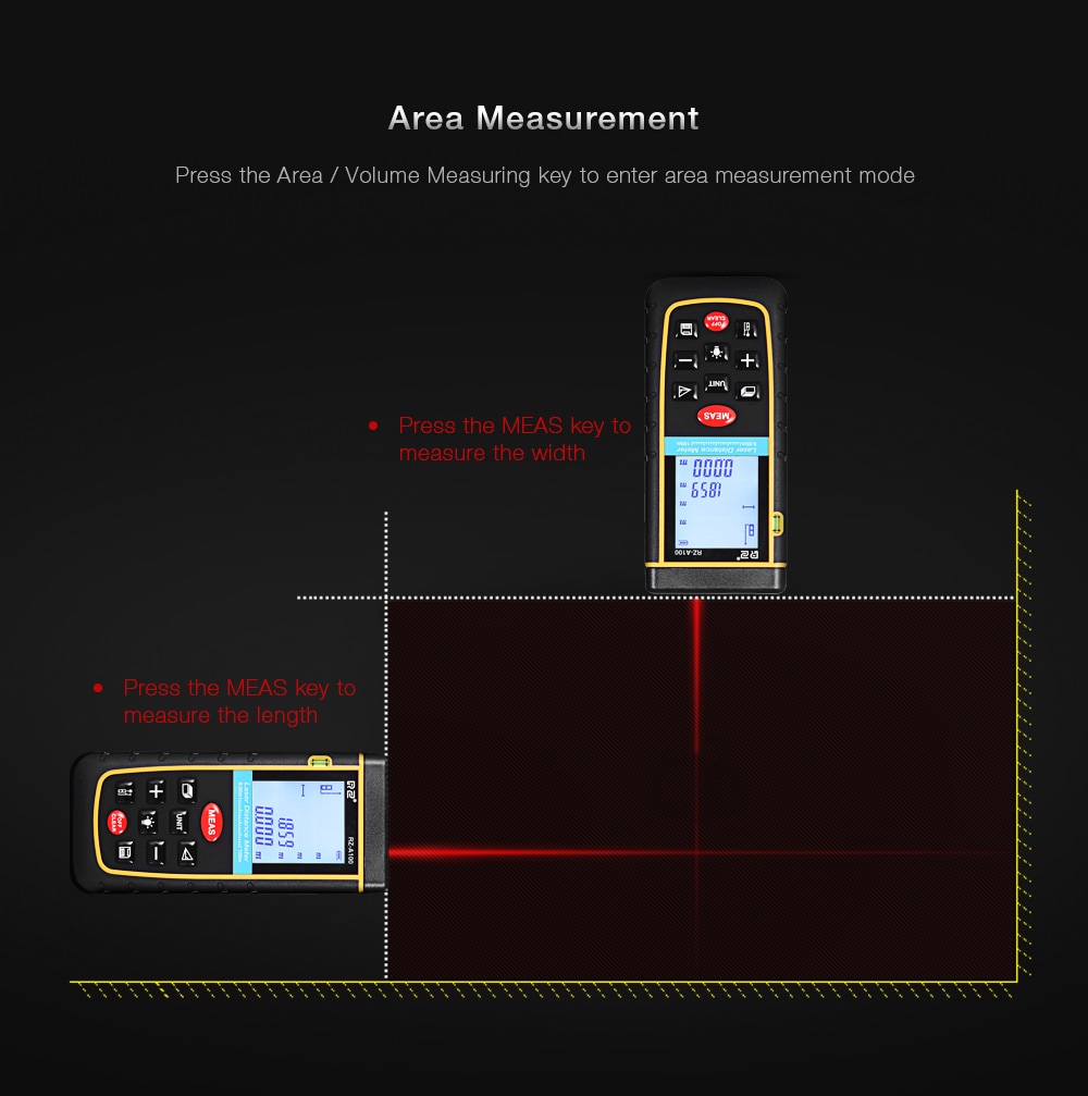 RZ A100 Portable Laser Distance Meter 0.05 to 100m with Bubble Level High Accuracy Measurement- Yellow and Black RZ A100 Portable Laser Distance Meter 0.05 to 100m with Bubble Level High Accuracy Measurement- Yellow and Black