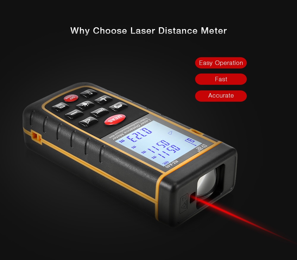 RZ A40 Portable Laser Distance Meter 0.05 to 40m with Bubble Level High Accuracy Measurement- Yellow and Black RZ A40 Portable Laser Distance Meter 0.05 to 40m with Bubble Level High Accuracy Measurement- Yellow and Black