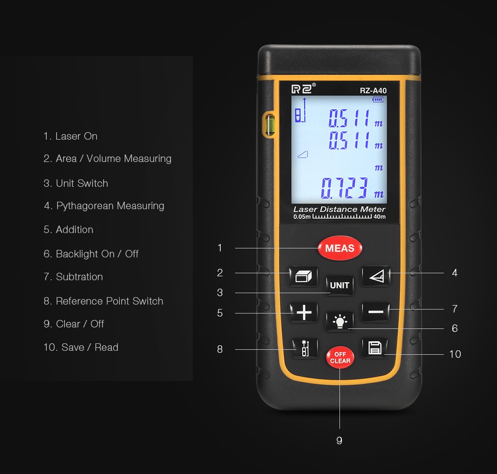 RZ A40 Portable Laser Distance Meter 0.05 to 40m with Bubble Level High Accuracy Measurement- Yellow and Black RZ A40 Portable Laser Distance Meter 0.05 to 40m with Bubble Level High Accuracy Measurement- Yellow and Black