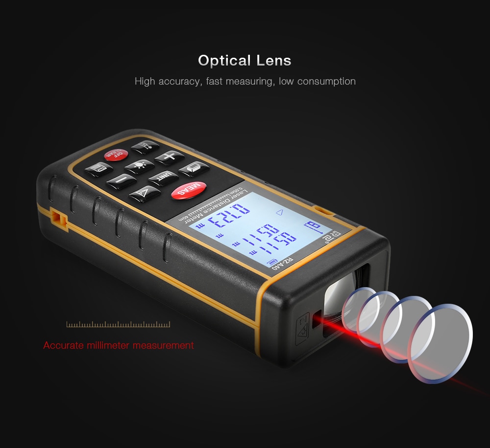 RZ A40 Portable Laser Distance Meter 0.05 to 40m with Bubble Level High Accuracy Measurement- Yellow and Black RZ A40 Portable Laser Distance Meter 0.05 to 40m with Bubble Level High Accuracy Measurement- Yellow and Black