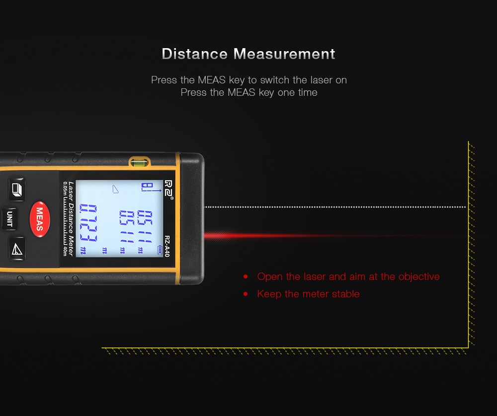 RZ A40 Portable Laser Distance Meter 0.05 to 40m with Bubble Level High Accuracy Measurement- Yellow and Black RZ A40 Portable Laser Distance Meter 0.05 to 40m with Bubble Level High Accuracy Measurement- Yellow and Black
