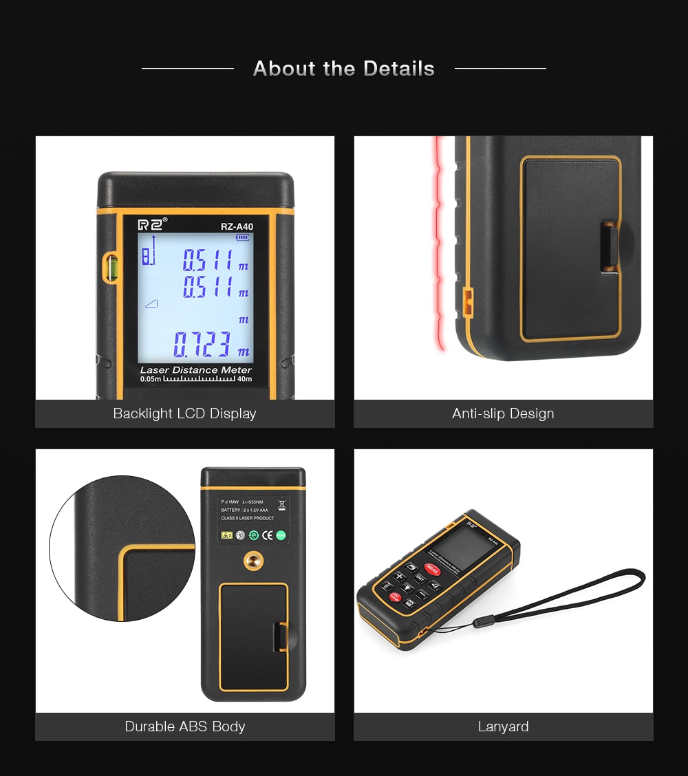 RZ A40 Portable Laser Distance Meter 0.05 to 40m with Bubble Level High Accuracy Measurement- Yellow and Black RZ A40 Portable Laser Distance Meter 0.05 to 40m with Bubble Level High Accuracy Measurement- Yellow and Black