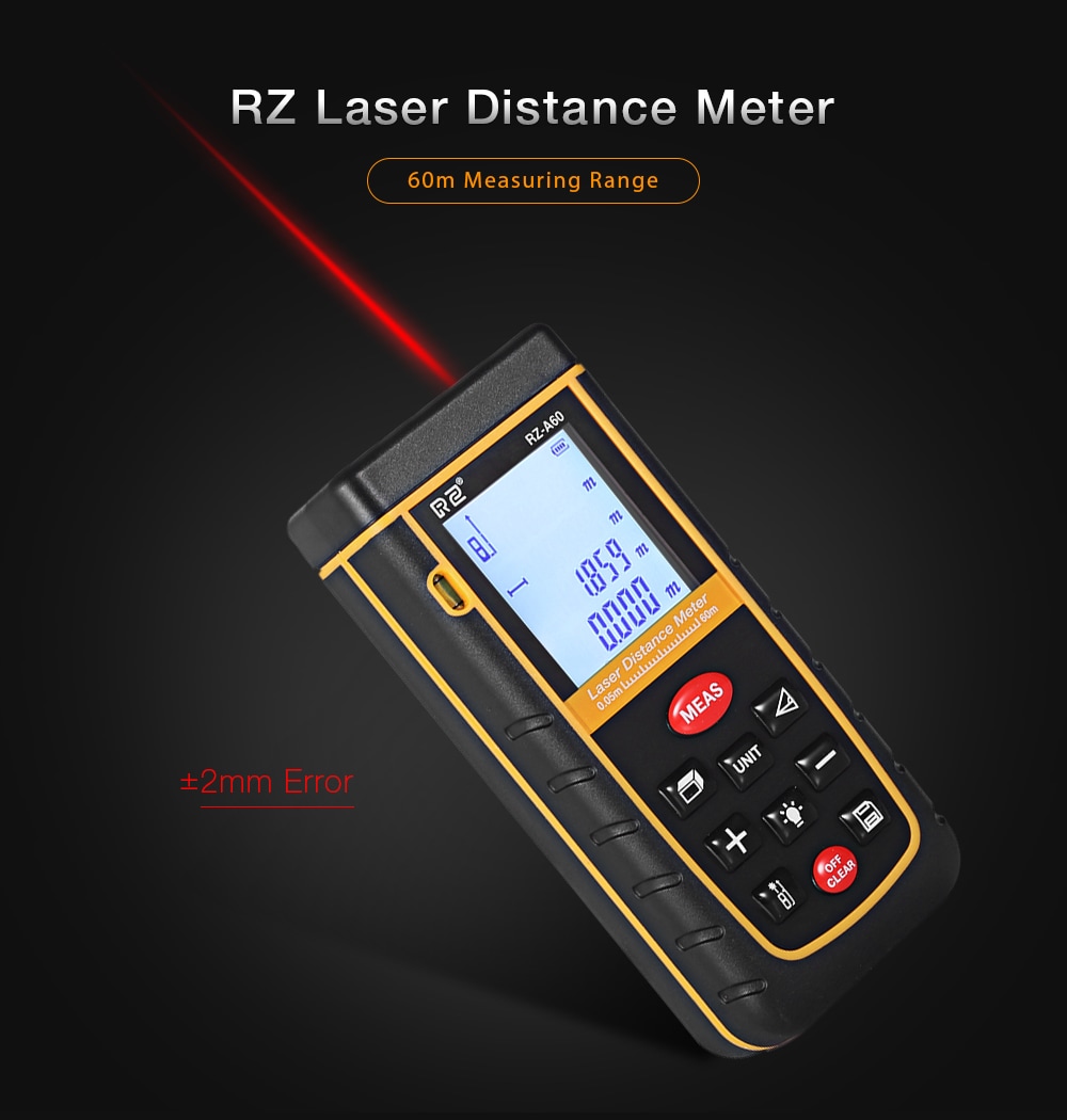 RZ A60 Portable Laser Distance Meter 0.05 to 60m with Bubble Level High Accuracy Measurement- Yellow and Black RZ A60 Portable Laser Distance Meter 0.05 to 60m with Bubble Level High Accuracy Measurement- Yellow and Black