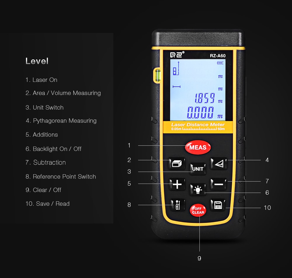 RZ A60 Portable Laser Distance Meter 0.05 to 60m with Bubble Level High Accuracy Measurement- Yellow and Black RZ A60 Portable Laser Distance Meter 0.05 to 60m with Bubble Level High Accuracy Measurement- Yellow and Black