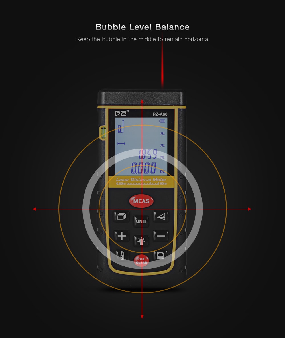 RZ A60 Portable Laser Distance Meter 0.05 to 60m with Bubble Level High Accuracy Measurement- Yellow and Black RZ A60 Portable Laser Distance Meter 0.05 to 60m with Bubble Level High Accuracy Measurement- Yellow and Black