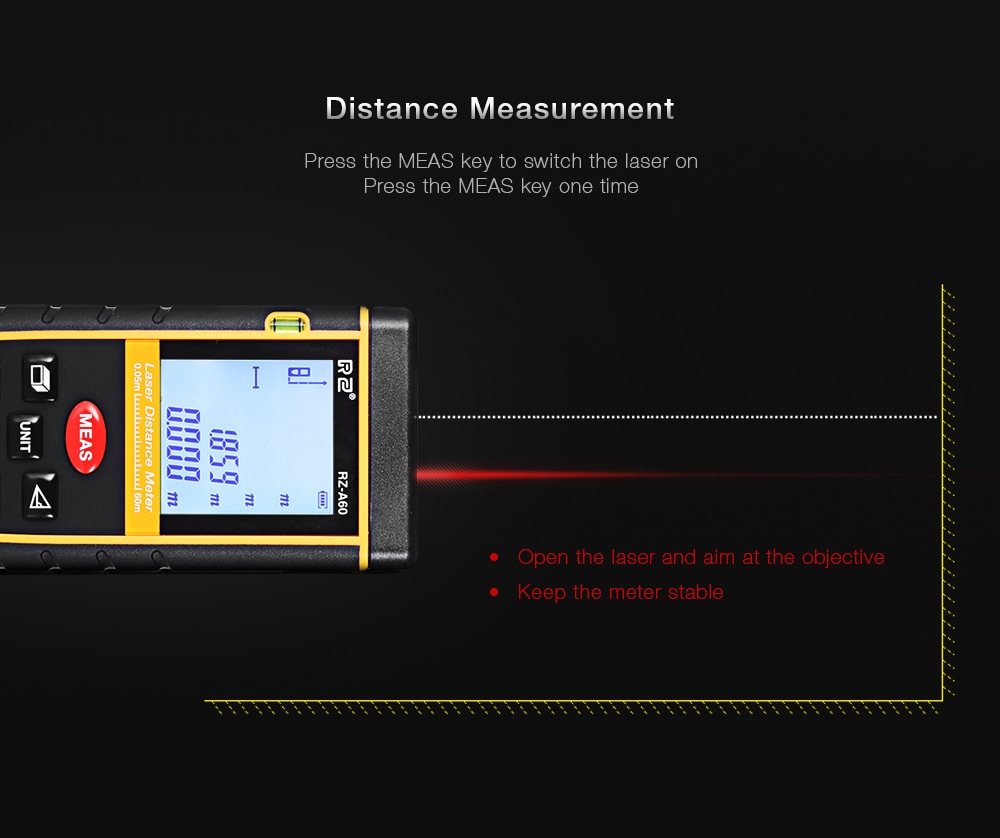 RZ A60 Portable Laser Distance Meter 0.05 to 60m with Bubble Level High Accuracy Measurement- Yellow and Black RZ A60 Portable Laser Distance Meter 0.05 to 60m with Bubble Level High Accuracy Measurement- Yellow and Black