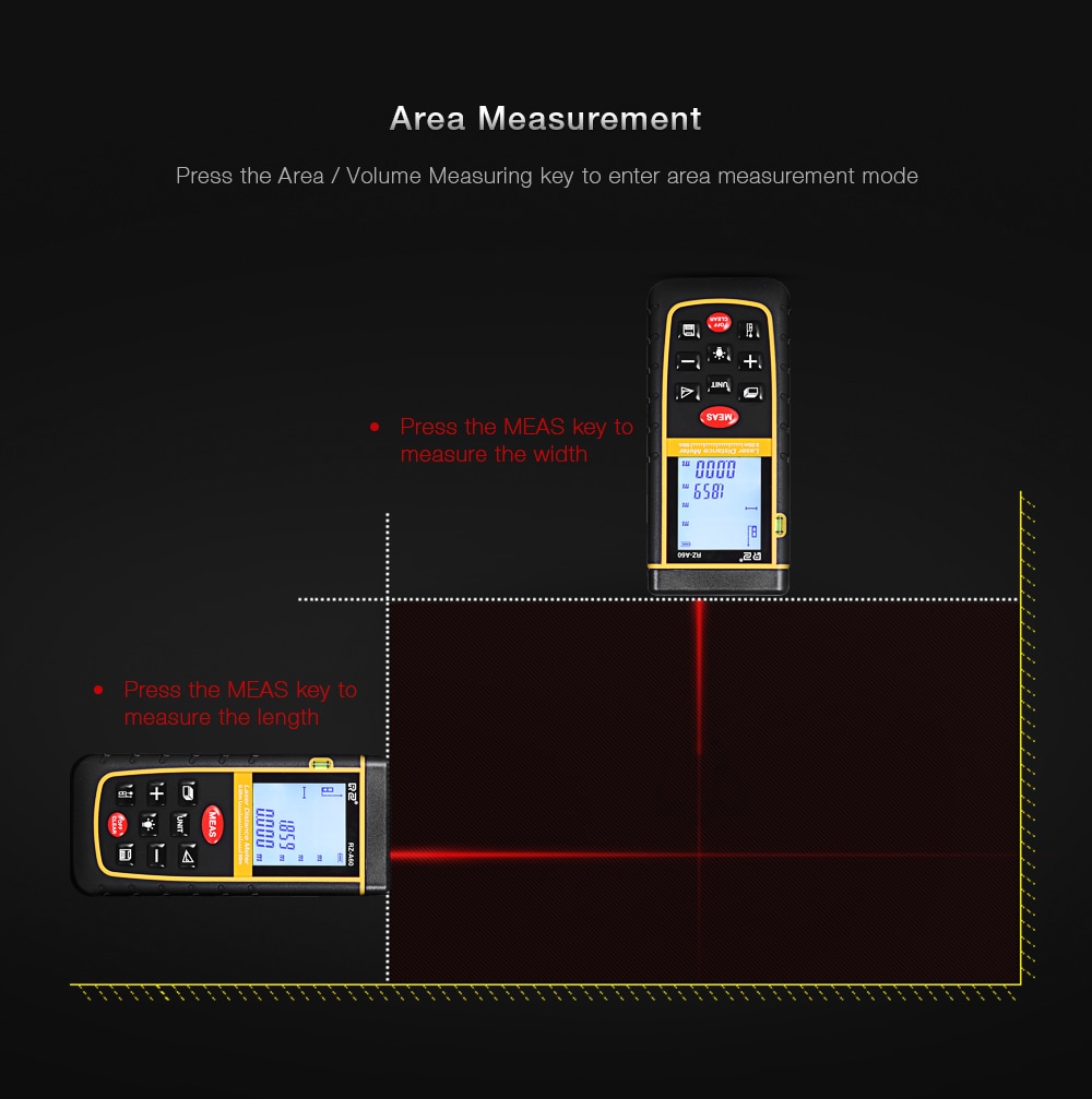 RZ A60 Portable Laser Distance Meter 0.05 to 60m with Bubble Level High Accuracy Measurement- Yellow and Black RZ A60 Portable Laser Distance Meter 0.05 to 60m with Bubble Level High Accuracy Measurement- Yellow and Black