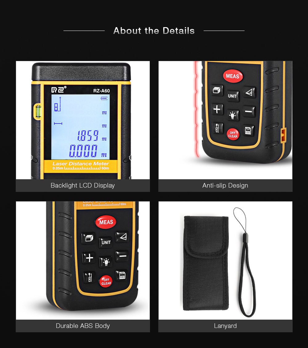 RZ A60 Portable Laser Distance Meter 0.05 to 60m with Bubble Level High Accuracy Measurement- Yellow and Black RZ A60 Portable Laser Distance Meter 0.05 to 60m with Bubble Level High Accuracy Measurement- Yellow and Black