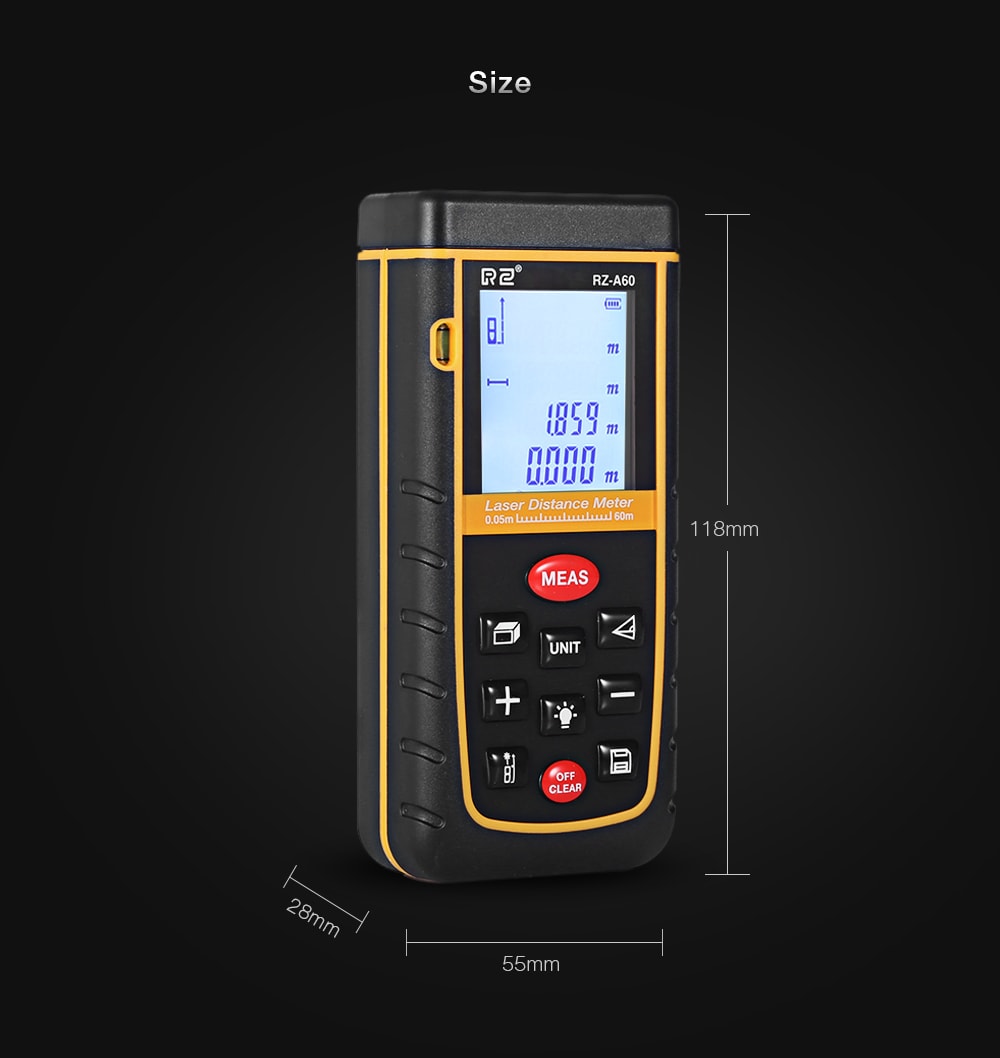 RZ A60 Portable Laser Distance Meter 0.05 to 60m with Bubble Level High Accuracy Measurement- Yellow and Black RZ A60 Portable Laser Distance Meter 0.05 to 60m with Bubble Level High Accuracy Measurement- Yellow and Black