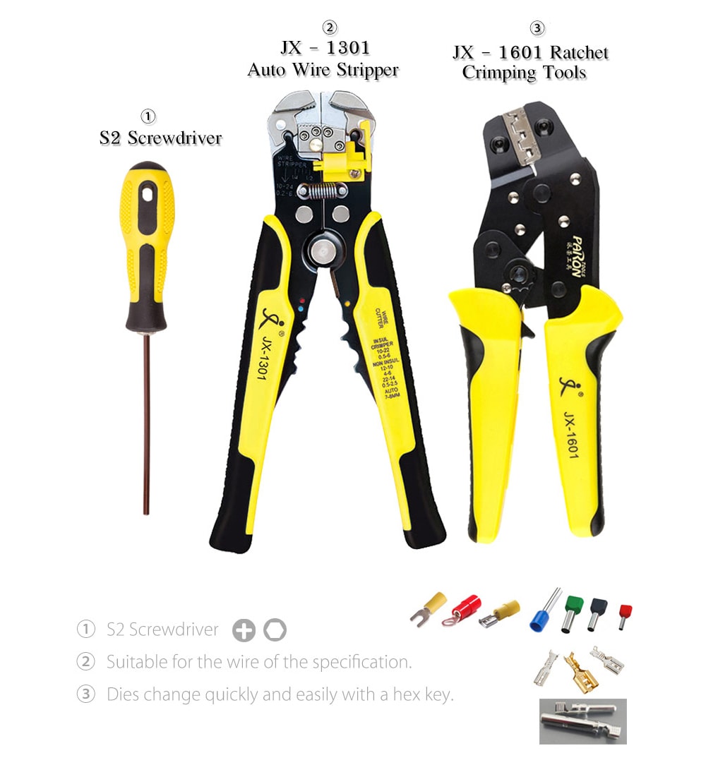 PARON JX - D4301 Multifunctional Ratchet Crimping Tool Wire Strippers Terminals Pliers Kit- Yellow and Black PARON JX - D4301 Multifunctional Ratchet Crimping Tool Wire Strippers Terminals Pliers Kit- Yellow and Black